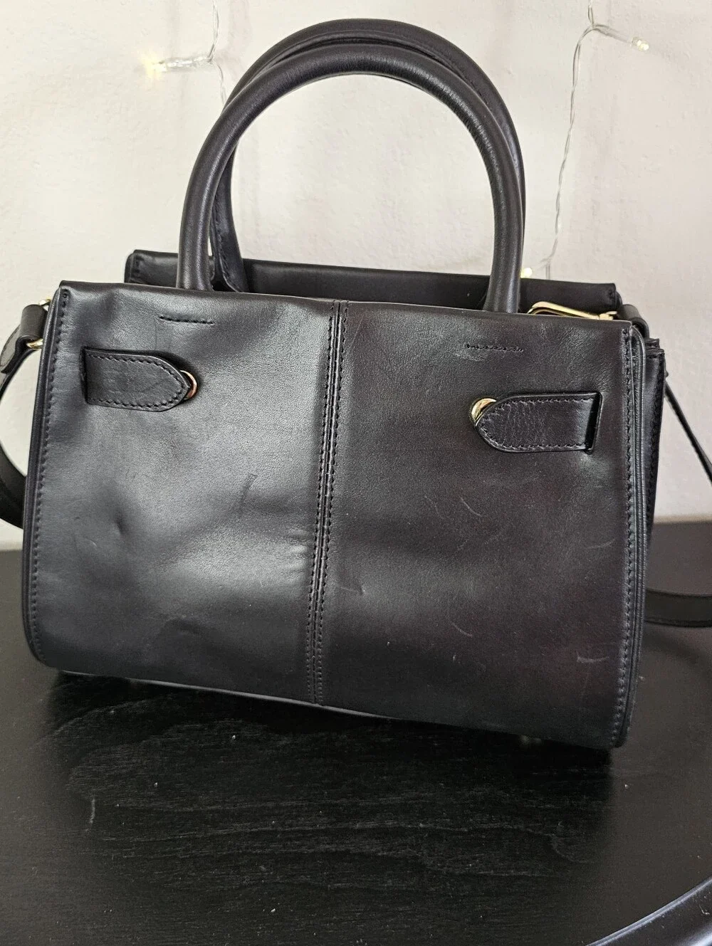 Vince Camuto Eli Satchel Black Leather Top Handle HandBag Purse
